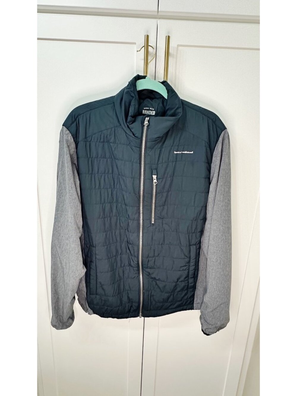 Banded Mens Quilted Jacket XL Gray Sleeves Full-Zip Casual Wear Lightweight EUC